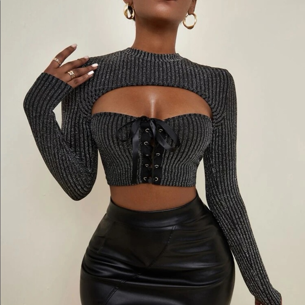 SXY grommet lace up cut out crop glitter top. Size 2.